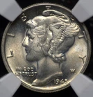 1945 MERCURY DIME NGC MS 63 LUSTROUS SILVER SATIN WITH A HINT OF AMBER, A COUPLE