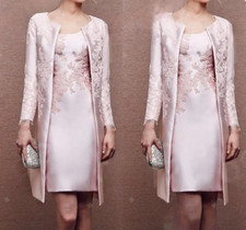 Pink Mother Of The Bride Dresses Long Sleeve With Jacket Knee Length Guest Dress