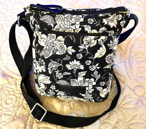 Vera Bradley Crossbody Bag Purse Black & White Holland Garden W/ 7 Card Sleeves