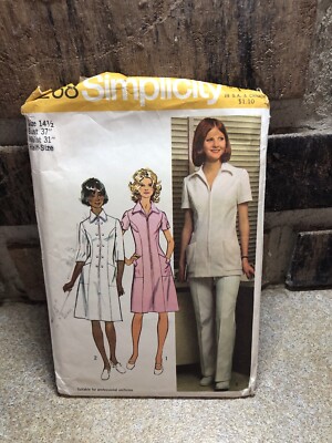 70s Misses Nurse Uniform Pants Tunic Dress Sz 14 1/2 Bust 37 Simplicity 5268
