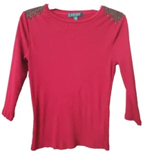 Lauren Ralph Lauren Petite Ribbed 3/4 Sleeve Faux Suede Shoulder Patch Shirt MP