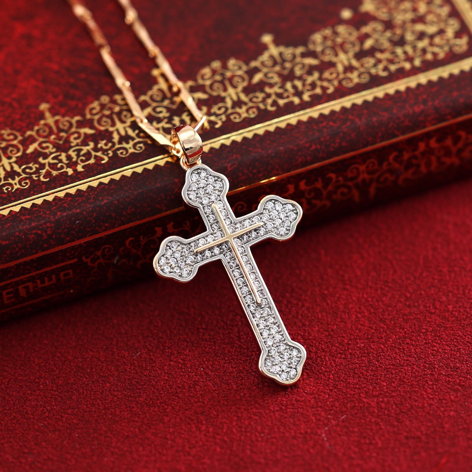 9K ROSE GOLD GF CRUCIFIX CROSS LADY WOMEN MENS CHAIN NECKLACE PENDANT