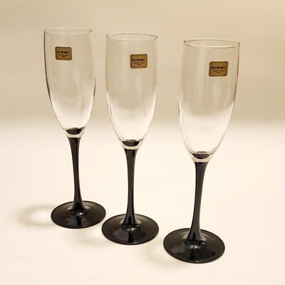 3 Luminarc France Cristal D'Arque Domino Black Stem Champagne Flute Wine Glasses