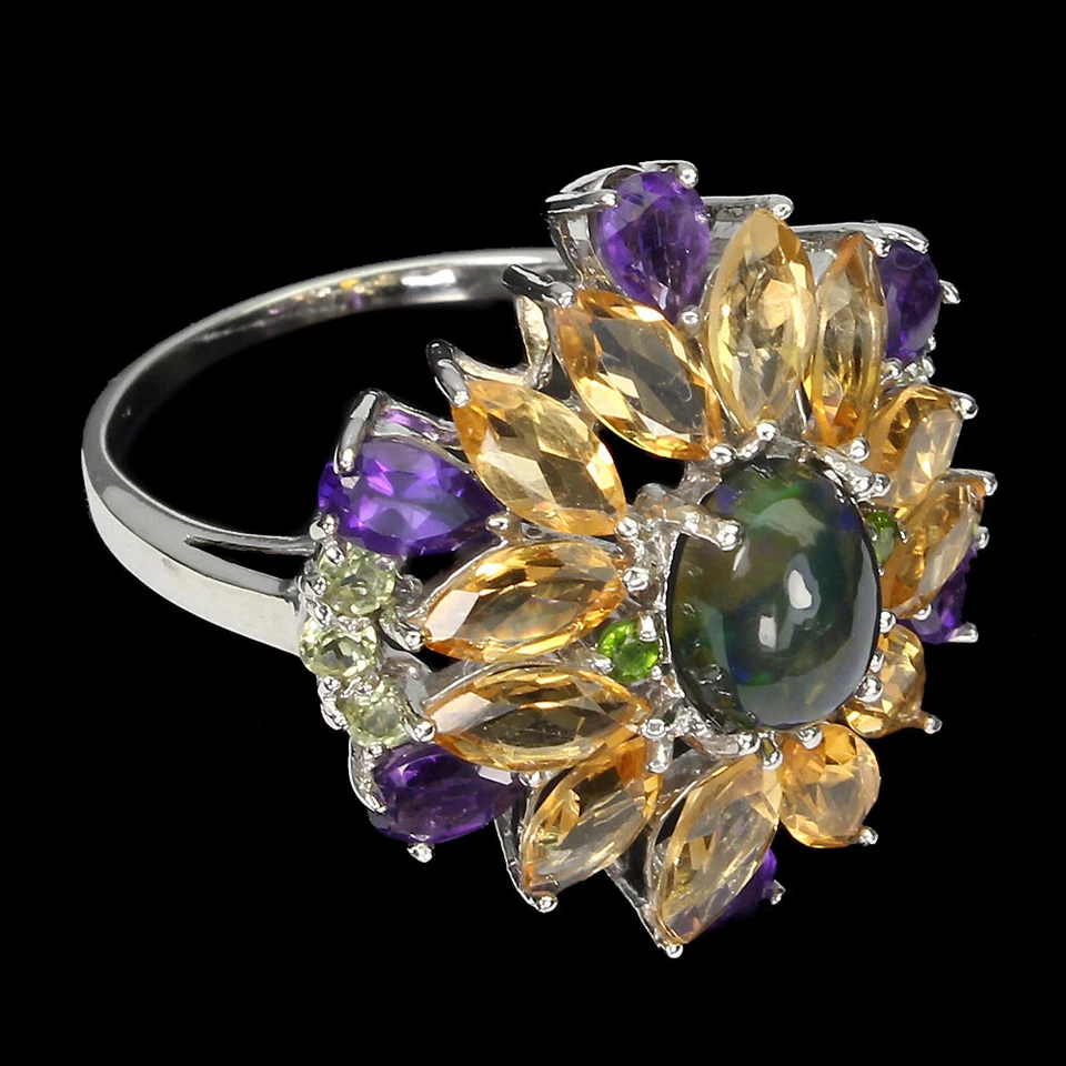 Anillo de plata de ley 925 ovalado ópalo negro 8x6 mm gemas de citrino piedras preciosas joyería 8 Foto 3 de 4