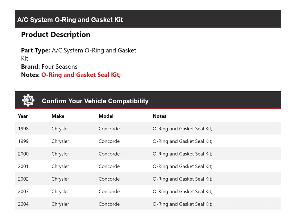 Kit de junta tórica y junta sistema de aire acondicionado Chrysler Concorde 1998-2004 4 estaciones 1999 Foto 2 de 4