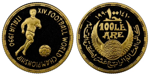 EGYPT , GOLD 100 POUNDS 14TH WORLD FOOTBALL 1990 - NGC PF 69 UC TOP POP , RARE14