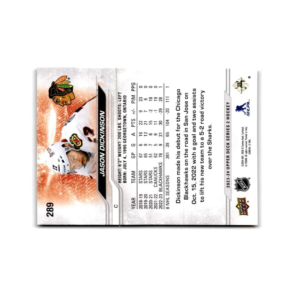 2023 Upper Deck Jason Dickinson Chicago Blackhawks #289 - Image 2 of 3