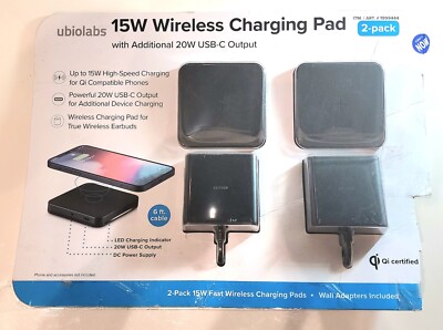 Ubio Labs 15W Wireless Charging Pad 2Pk w/Additional 20W USB-C Output Qi  Certifi