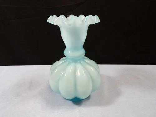 Fenton Blue Overlay Glass Small Melon Vase 4 3/4" Tall