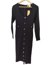 Michael Kors Solid Snap Midi Long Sleeve Dress Black M