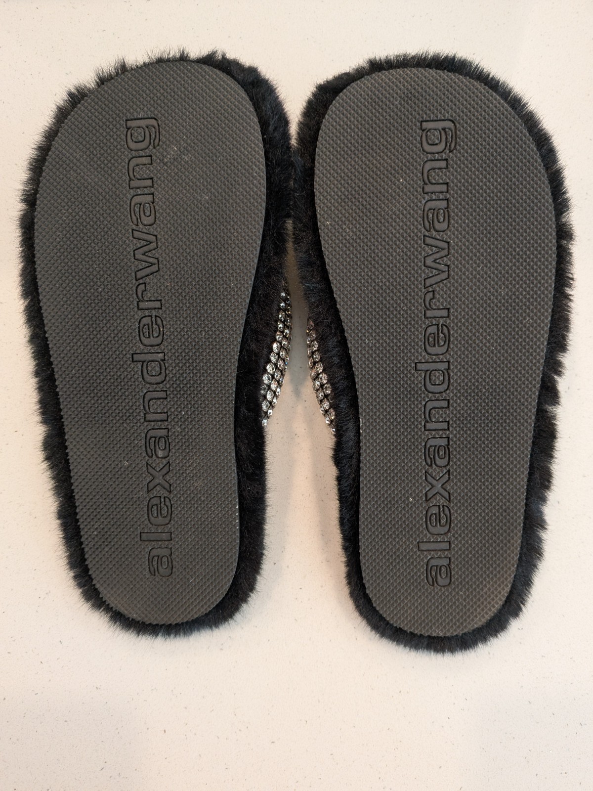Alexander Wang Motel Crystal Embellished Faux Fur Thong Sandal | Black | Size 9 image 4