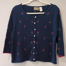 Vintage Liz Claiborne Cardigan Embroidered Flowers size Large 100 Cotton