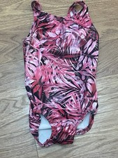 Leo Bloch Gymnastics Leotard Child Size 3/4 CXS Pink Tropical Palm Leaves EUC