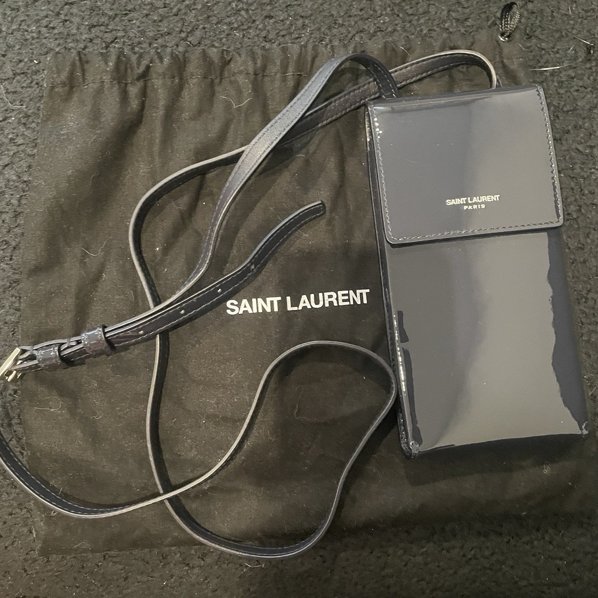 NWT Saint Laurent Phone Holder Crossbody Bag Patent Leather Black 