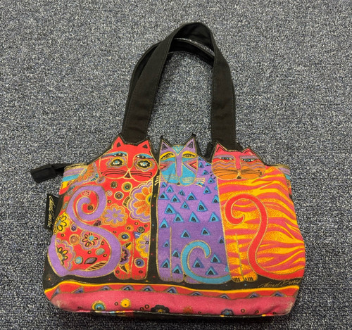 Vintage Laurel Burch Cat Canvas Tote Bag Lined Sun N' Sand Beach Colorful Cat - Picture 1 of 6