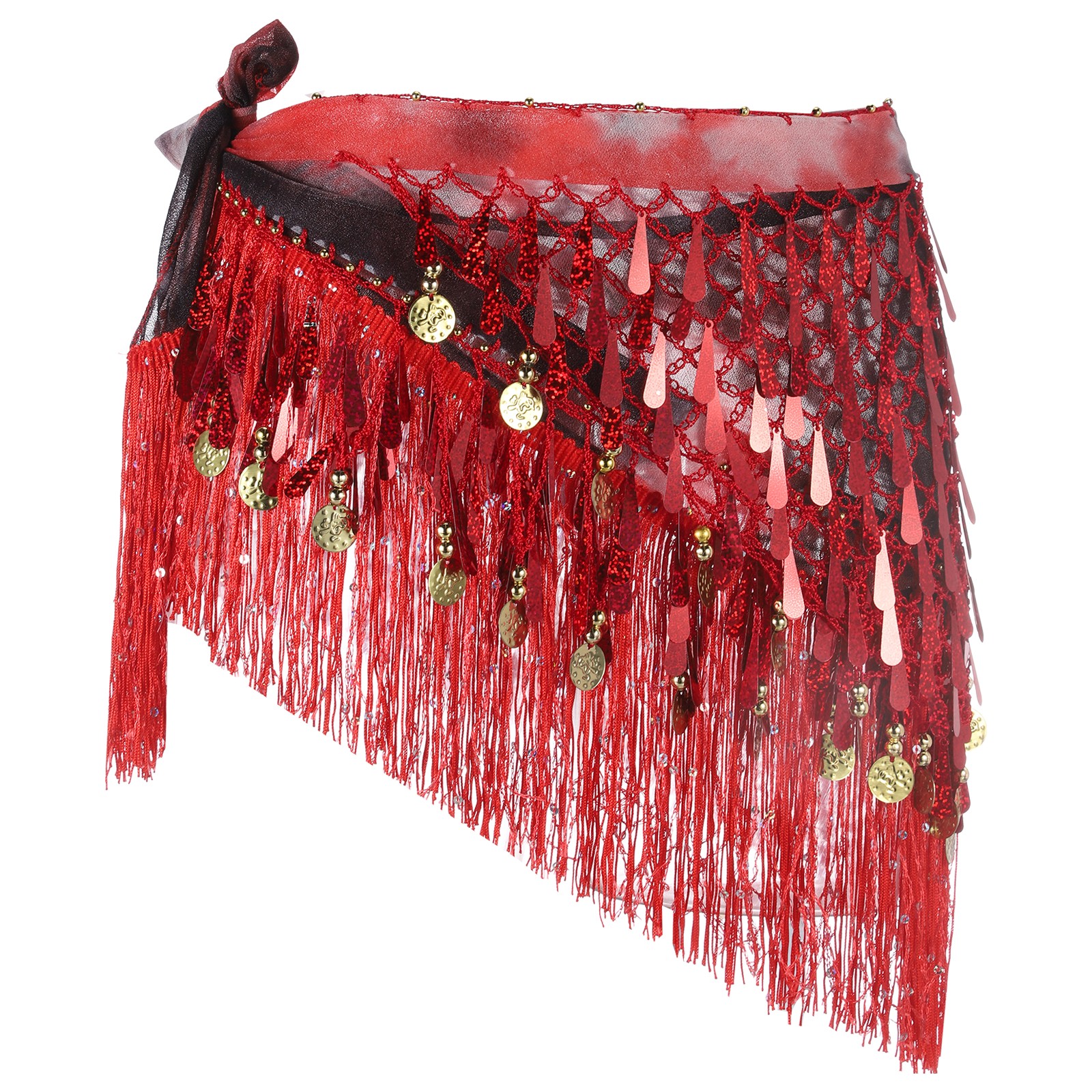 Belly Dance Hip Scarf with Tassels Sequin Coin for Party(Red)