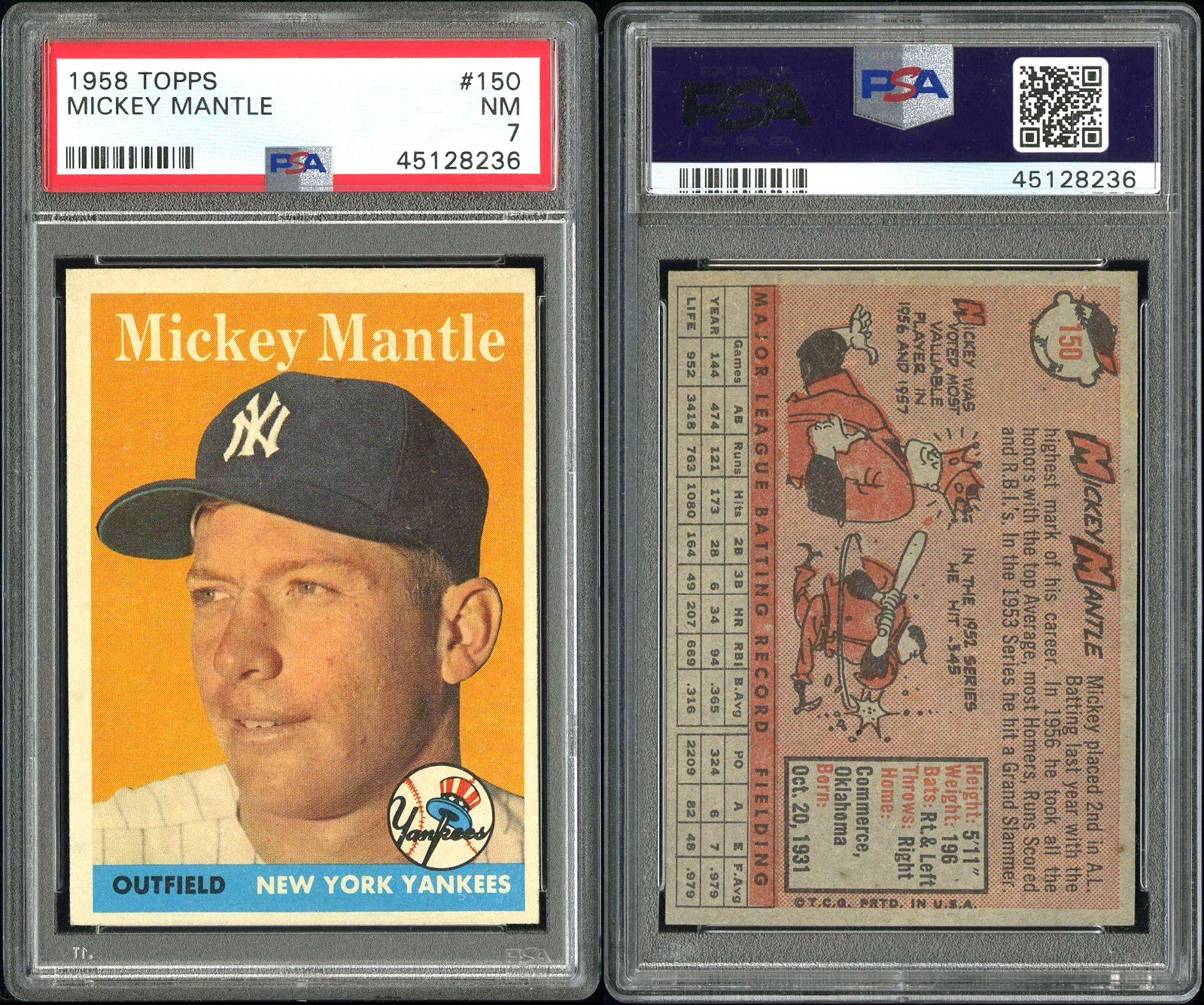 1958 Topps MICKEY MANTLE #150 HOF YANKEES (PSA 7 NM) **NEW QR LABEL**