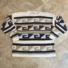 Vintage Clifton Place Geometric Pattern Tan Brown Sweater Mens Large USA Made
