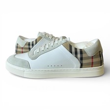 Size 9.5- Burberry Leather, Suede and Check Sneakers 770 RETAIL white/beige