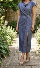 Zara Blue Midi Dress Size M Short Sleeves Slit Gold Appliqué New 3720/787