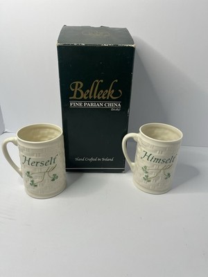 PAIR OF BELLEEK HERSELF AND HIMSELF COFFEE MUGS NEW. With Original Box!