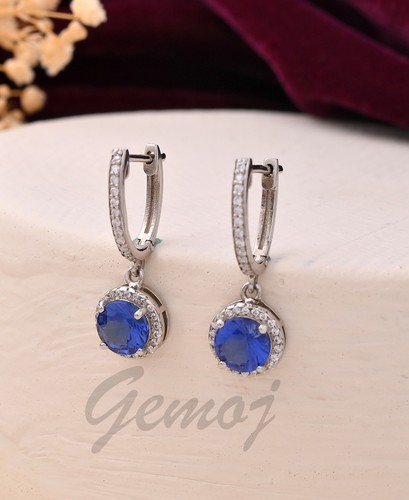 Elegant Blue Sapphire Diamond Earring Sterling Silver Dangle Earring - Picture 3 of 7