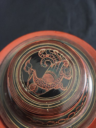 Burmese lacquerware Wood vessel "Ok-Kwet" Intricate Design Peacock Vtg 7.5" Tall - Picture 17 of 24
