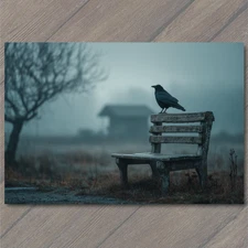 Art Print Crow Foggy Bench Lonely Tree Cabin Moody Atmosphere Frosty Nature Dark