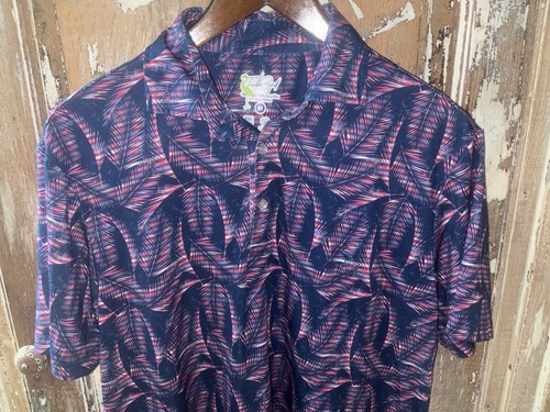 Tailorbyrd Striped Leaves Performance Polo Shirt Size Medium Blue Pink - Picture 2 of 11