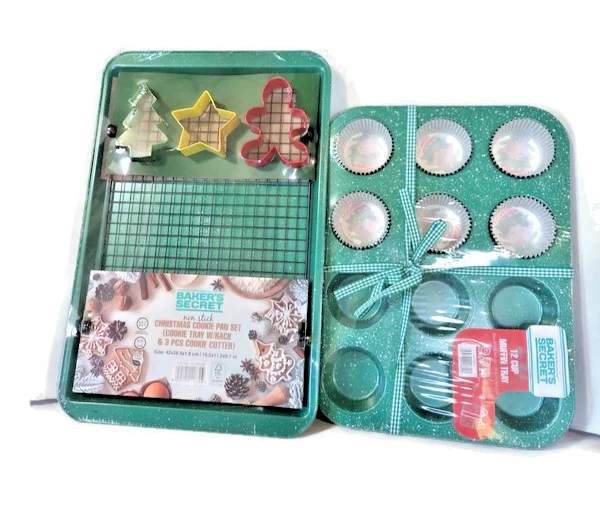 Baker's Secret Set Of 2 Cookie Pan With 3 Cookie Cutter 12 Cup Muffin Pan Green