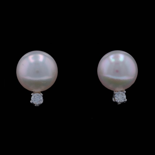 White Gold Diamond Cultured Freshwater Pearl Stud Earrings 14k Round Pierced - Picture 3 of 6