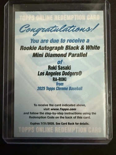 2025 Topps Chrome Roki Sasaki Rookie Auto Black & White Mini Diamond #RA-ROKI SP