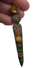 Scottish Dagger Dirk Amber Rhinestone Agate Vintage Kilt Pin Brooch Gold J-1080