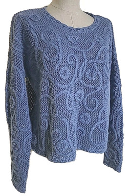 Vintage 80s 90s M.J. Carroll Open Knit Flowers Sweater Blue Cottagecore M Spring