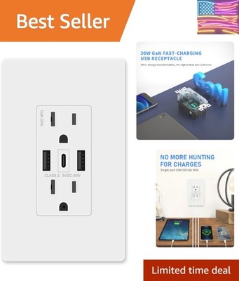 GaN 30W 6Amp 3-Port USB Wall Outlet, 15 Amp Tamper-Resistant Receptacle with ...