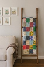 Vintage Handmade Patchwork Quilt 77x79 Colorful Cotton Squares, Folk Art