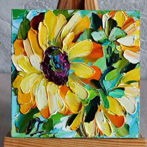 Original oil painting Sunflowers wildflowers artwork Floral mini wall art 4*4 in - Picture 4 of 13