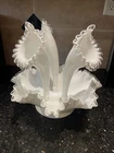Fenton 3 Horn Epergne Milk Glass Silver Crest Vase 10.5” Vintage Milk Glass