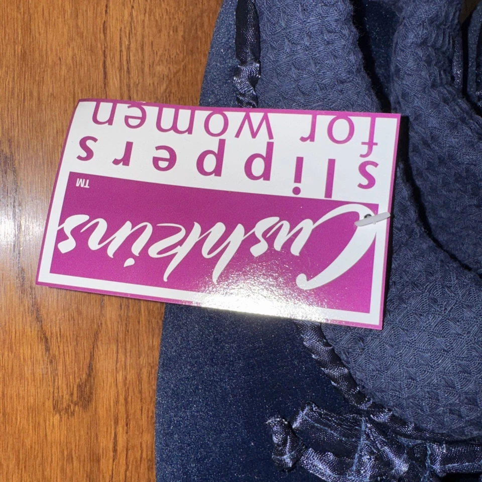 Womens Large 8-9 House Slippers, Navy Blue Quilted Vintage Cushkins, NWT 11” Foto 2 de 4