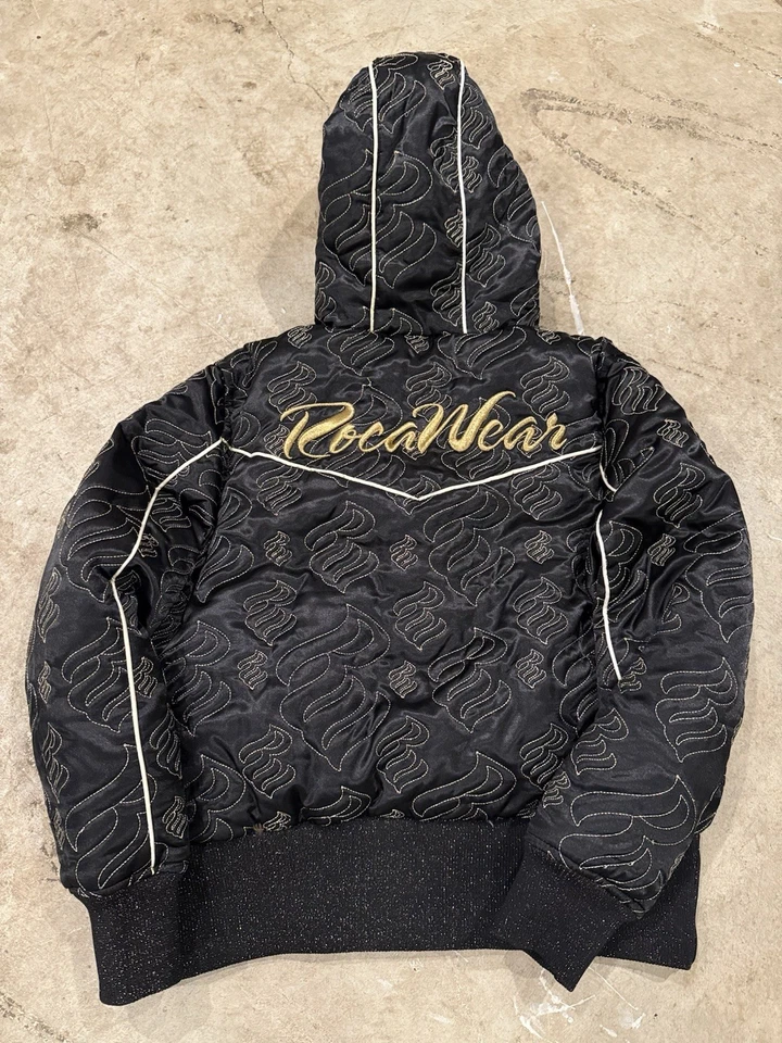 Rocawear Womens Size XL Down Jacket Y2K Logo Embroidered Cropped Hooded Fur - Image 2 of 4