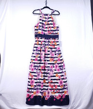 ELIZA J Crepe de Chine Colorful Floral Halter Black White Striped Maxi Dress 14