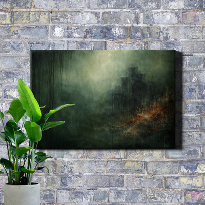 Green Haze Cityscape Abstract Wall Art Print Rust Vertical Paint Drips