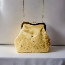 1950s Style Elka Satin Beaded Kiss Lock Evening Purse Bag Yellow Gold Trim 7"x6"
