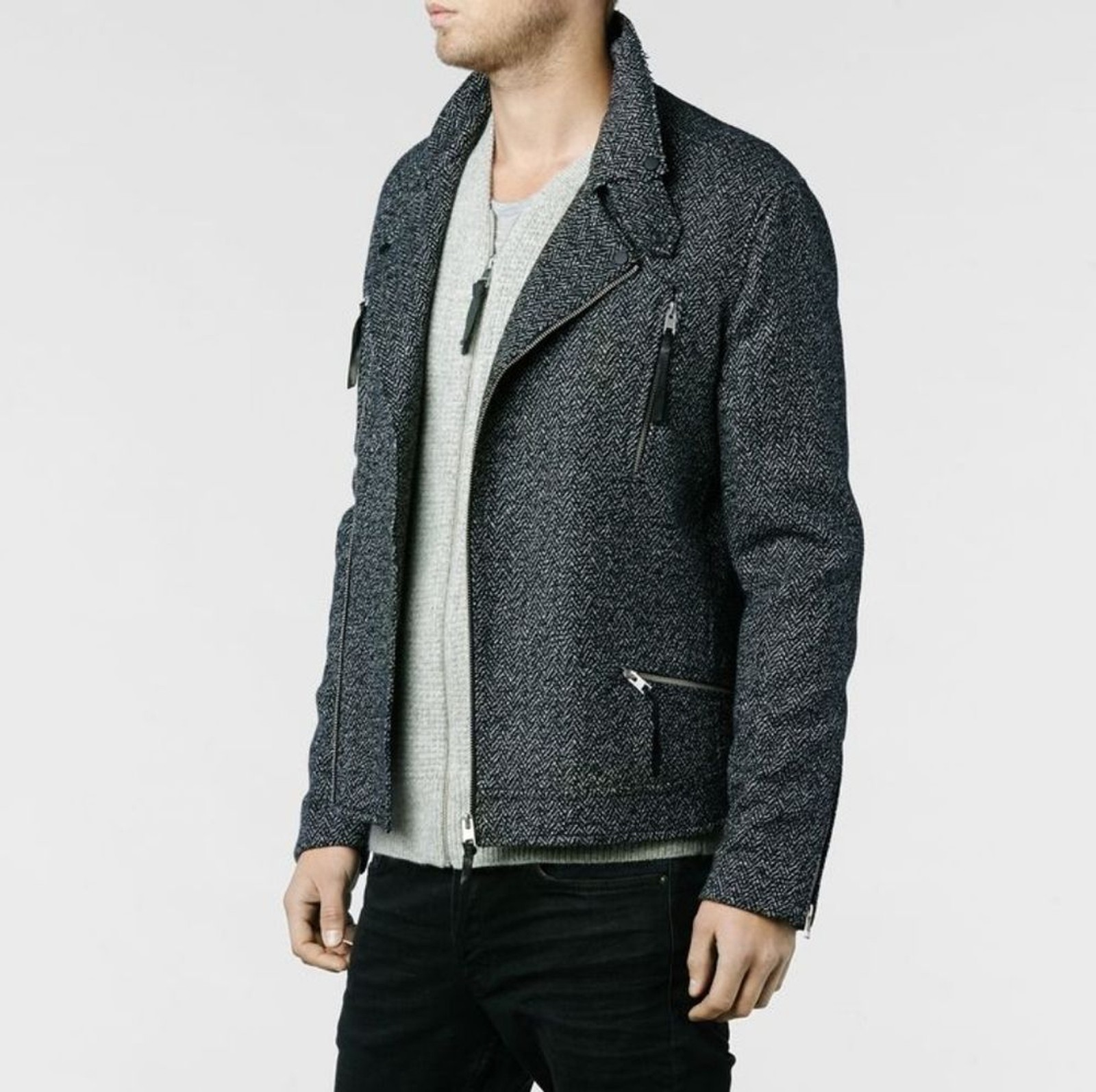 Rare! All Saints Black and White Wool Tweed Herringbone Jacket XL Biker image 7