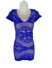 Intimately Free People Bodycon Shirt Dress Crochet Knit Blue Tan Size XS/S