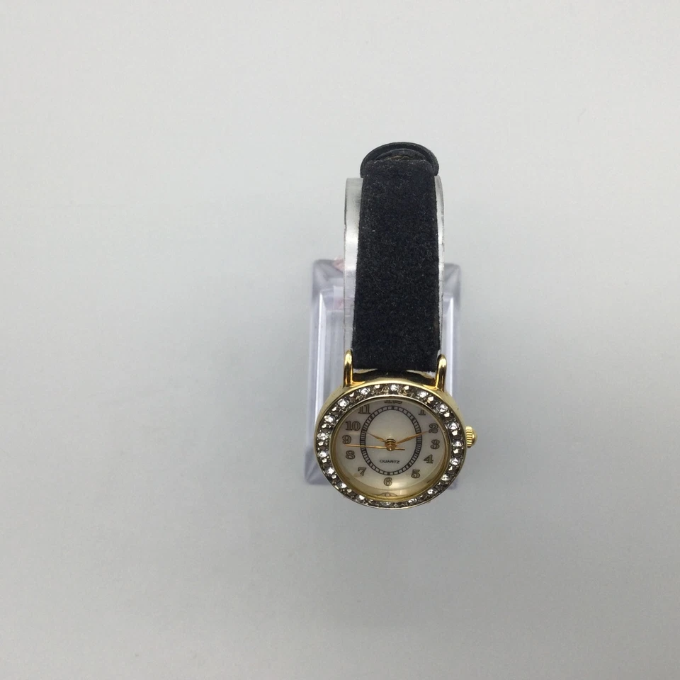 Reloj Cristales Mujer 24mm Tono Dorado MOP Esfera Ovalada Banda Negra Batería Nueva Foto 3 de 4
