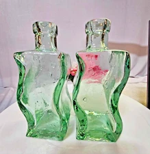2 vtg curved glasses Clear Green Tint Decorative Bottle - No Cover- A14- READ