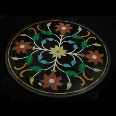 18'' black Marble Round side Table top handmade floral inlay semi precious stone