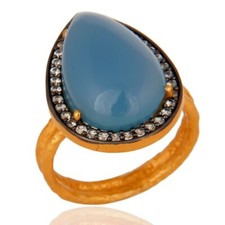 Pear Blue Chalcedony Gemstone Zircon Paved Double Band Ring For Anniversary Gift