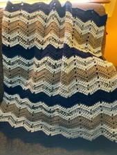 BABY RIPPLE Handmade Crochet baby BOY Afghan navy tan baby blue